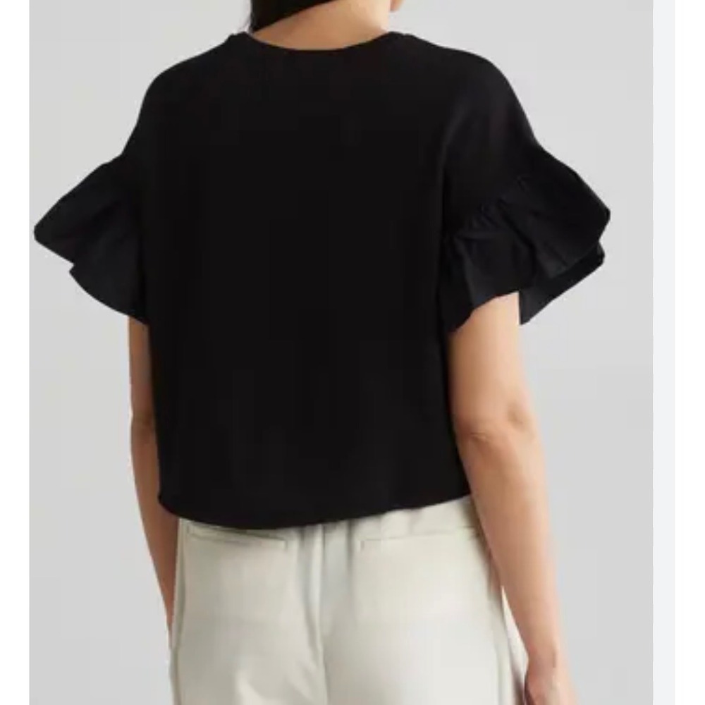 Adrianna Papell Black French‎ Terry  Drawstring Top Ruffle Sleeve - Size M NWT